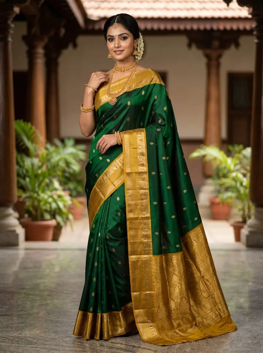 Bottle Green & Antique Gold Brocade Saree